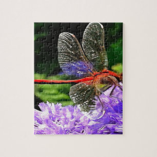 Red Dragonfly on Violet Purple Flowers Jigsaw Puzzle