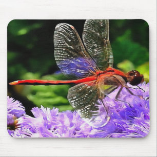 Red Dragonfly on Violet Purple Flowers Mouse Mat