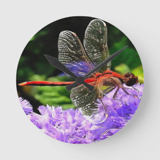 Red Dragonfly on Violet Purple Flowers Round Clock