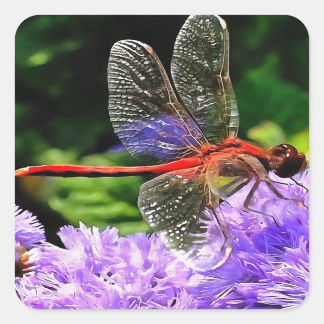 Red Dragonfly on Violet Purple Flowers Square Sticker (Front)