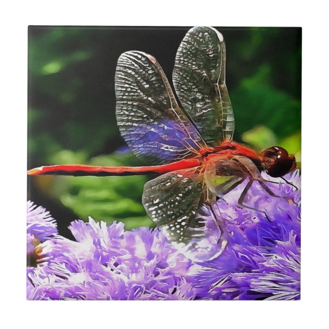Red Dragonfly on Violet Purple Flowers Tile (Front)