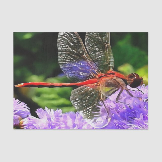 Red Dragonfly on Violet Purple Flowers Tissue Paper (Front)
