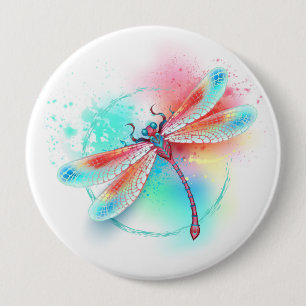 Red dragonfly on watercolor background 10 cm round badge
