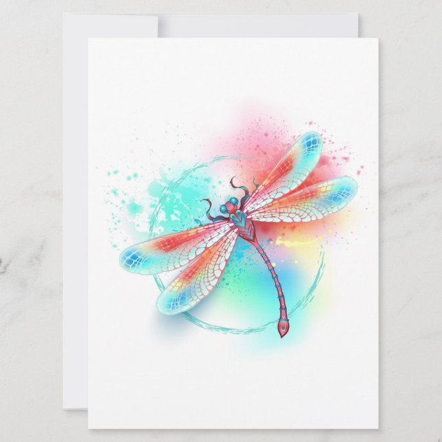 Red dragonfly on watercolor background announcement (Front)