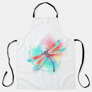 Red dragonfly on watercolor background apron
