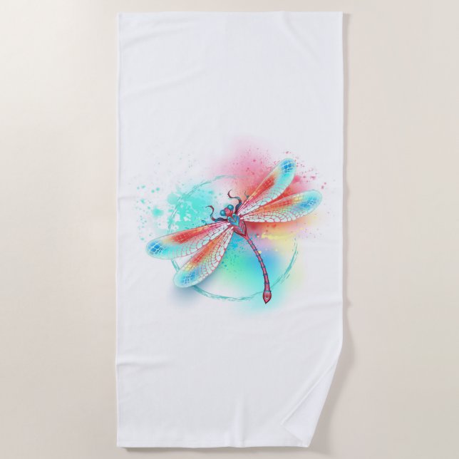 Red dragonfly on watercolor background beach towel (Front)