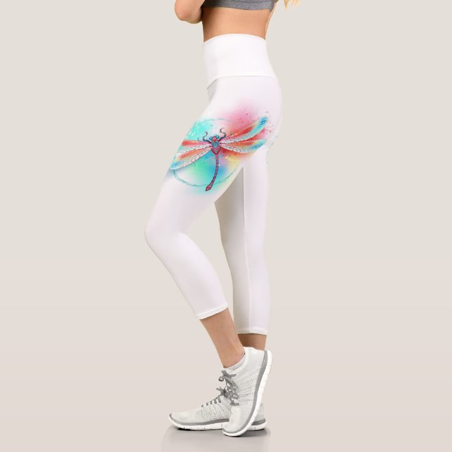 Red dragonfly on watercolor background capri leggings (Left)
