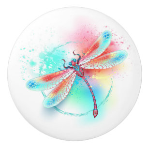 Red dragonfly on watercolor background ceramic knob