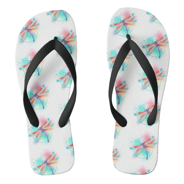 Red dragonfly on watercolor background flip flops (Footbed)