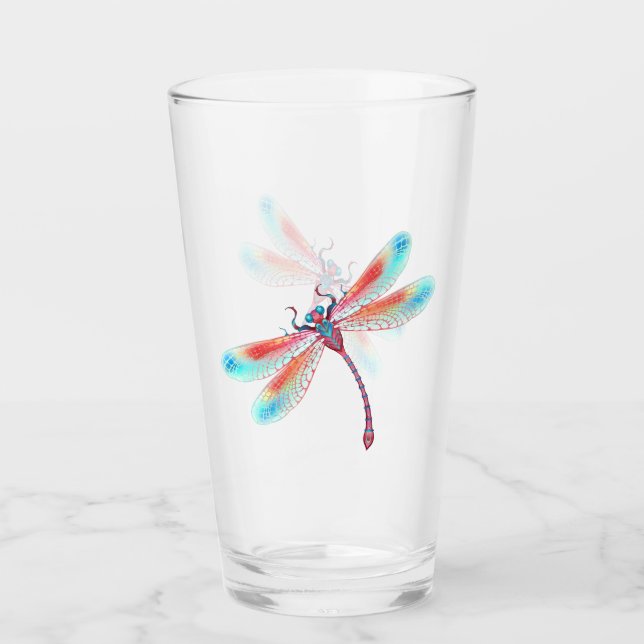 Red dragonfly on watercolor background glass (Front)