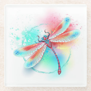 Red dragonfly on watercolor background glass coaster
