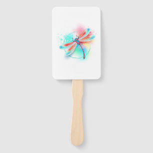 Red dragonfly on watercolor background hand fan