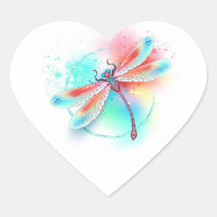 Red dragonfly on watercolor background heart sticker
