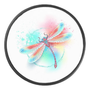 Red dragonfly on watercolor background hockey puck