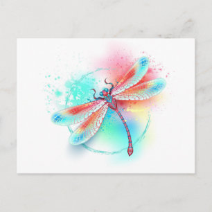 Red dragonfly on watercolor background invitation postcard