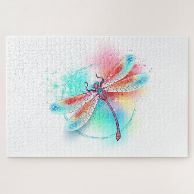 Red dragonfly on watercolor background jigsaw puzzle (Horizontal)