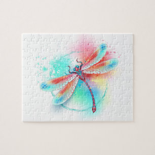 Red dragonfly on watercolor background jigsaw puzzle