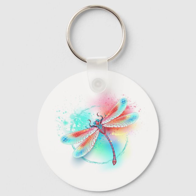 Red dragonfly on watercolor background key ring (Front)