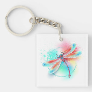 Red dragonfly on watercolor background key ring