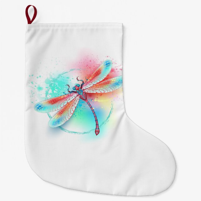 Red dragonfly on watercolor background large christmas stocking (Front)