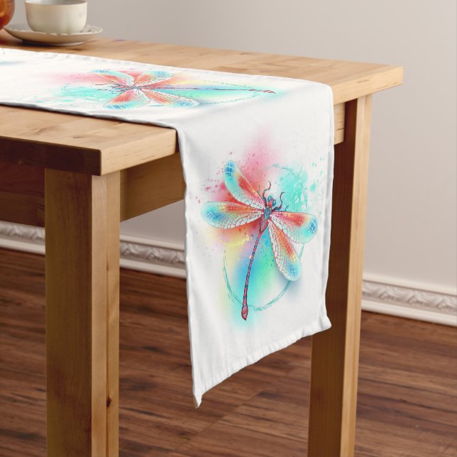Red dragonfly on watercolor background long table runner (In Situ)