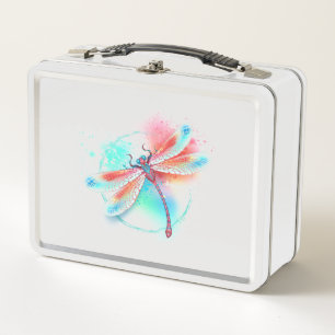 Red dragonfly on watercolor background metal lunch box