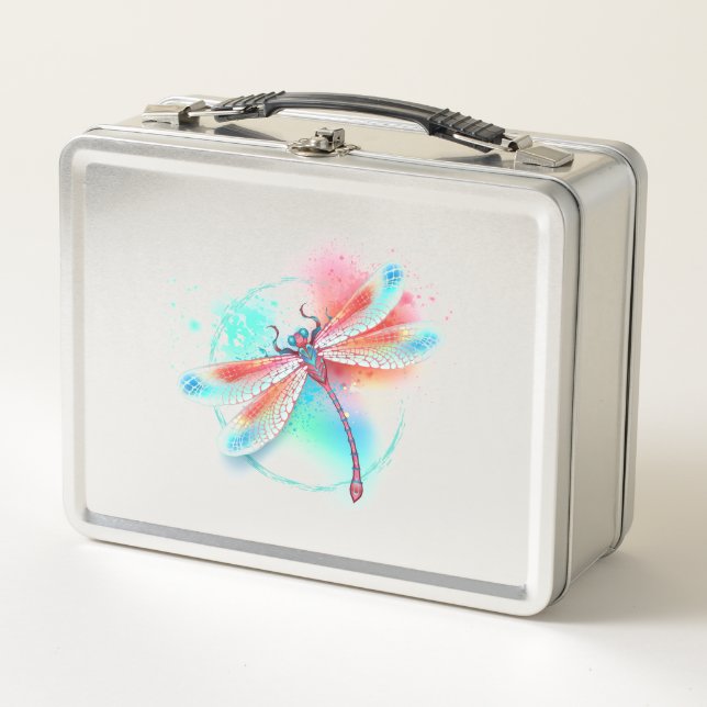 Red dragonfly on watercolor background metal lunch box (Front)