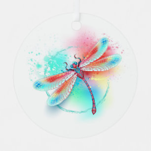 Red dragonfly on watercolor background metal tree decoration