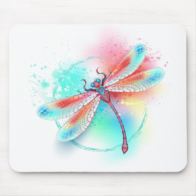 Red dragonfly on watercolor background mouse mat (Front)