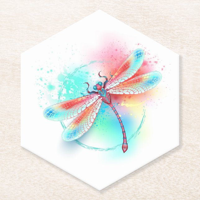Red dragonfly on watercolor background paper coaster (Front)