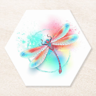 Red dragonfly on watercolor background paper coaster