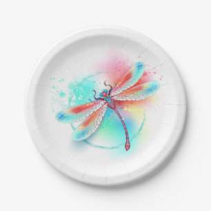 Red dragonfly on watercolor background paper plate