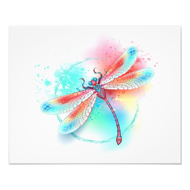 Red dragonfly on watercolor background photo print (Front)