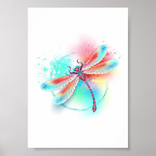 Red dragonfly on watercolor background poster