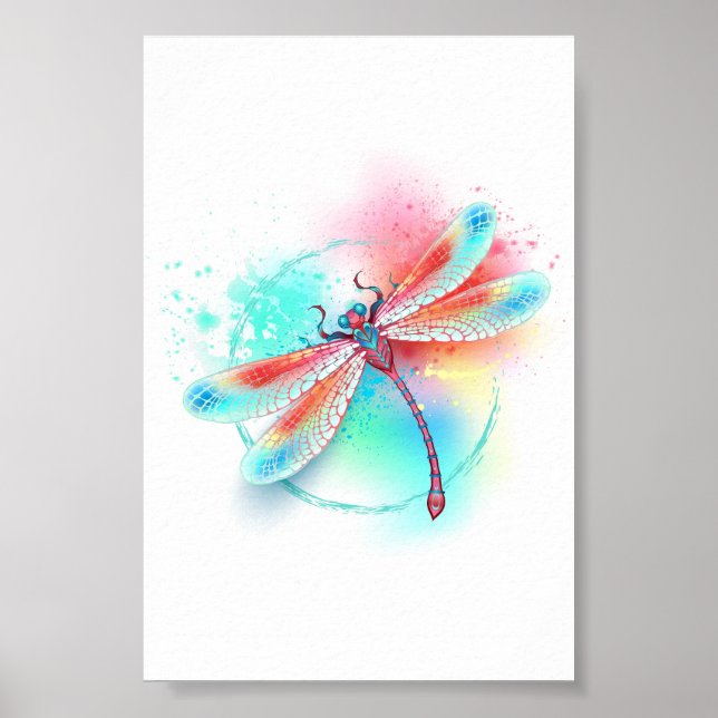 Red dragonfly on watercolor background poster (Front)
