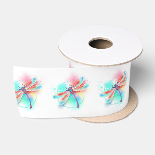 Red dragonfly on watercolor background satin ribbon