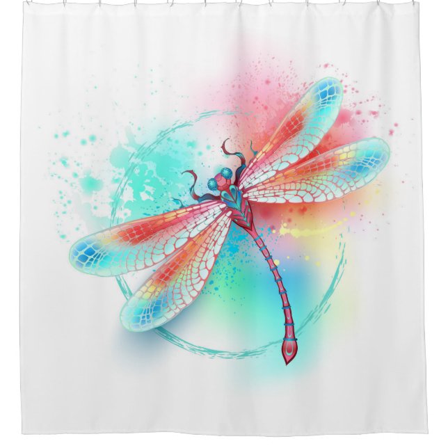 Red dragonfly on watercolor background shower curtain (Front)