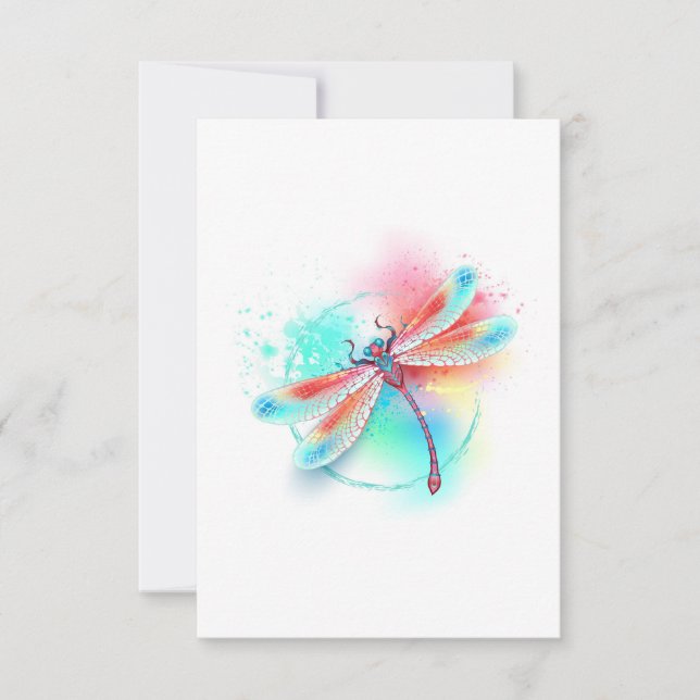 Red dragonfly on watercolor background thank you card (Front)