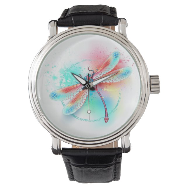 Red dragonfly on watercolor background watch (Front)
