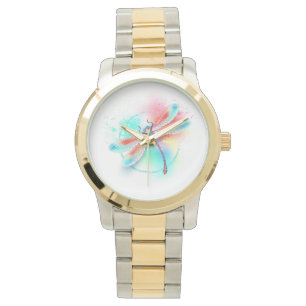 Red dragonfly on watercolor background watch