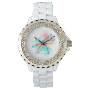 Red dragonfly on watercolor background watch