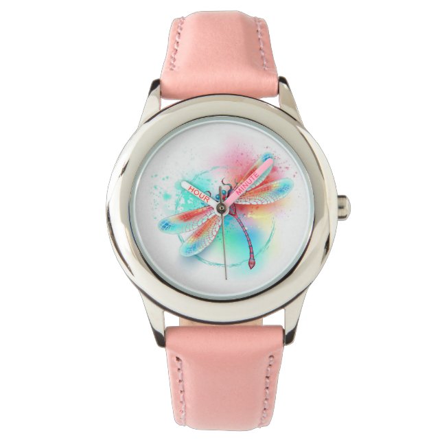 Red dragonfly on watercolor background watch (Front)