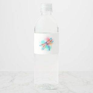 Red dragonfly on watercolor background water bottle label