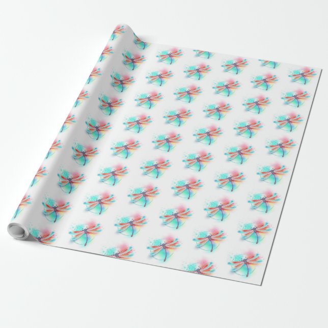 Red dragonfly on watercolor background wrapping paper (Unrolled)