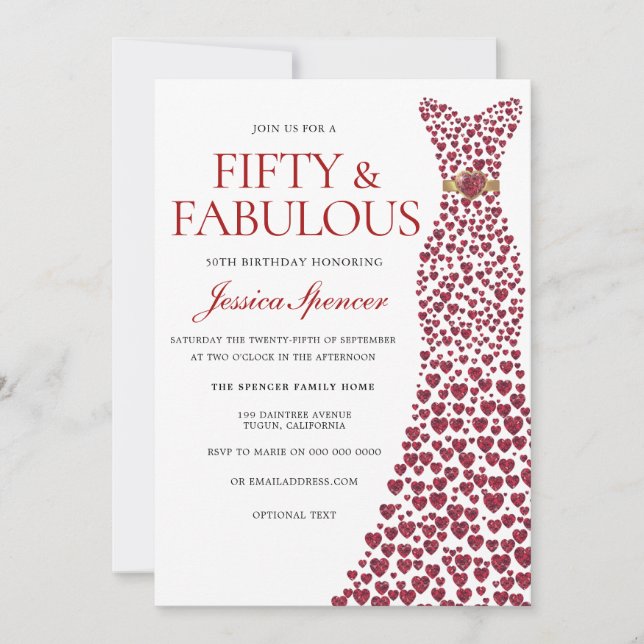 Red Dress 50 Fifty & Fabulous 50th Birthday Party Invitation (Front)