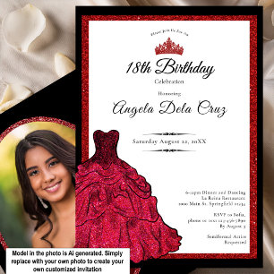 Red Dress and Tiara 18th Birthday Debut Invitation