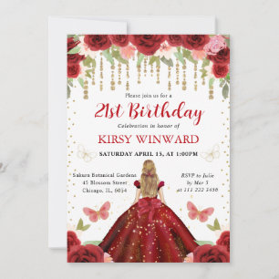 Red Dress Blonde Haired Princess 21st Birthday Invitation