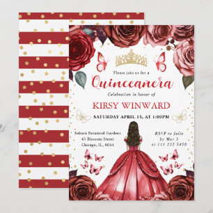 Red Dress Brunette Hair Princess Quinceanera Invitation