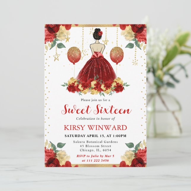 Red Dress Brunette Hair Princess Sweet 16 Invitation (Standing Front)