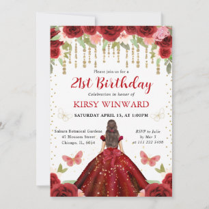 Red Dress Brunette Haired Princess 21st Birthday Invitation